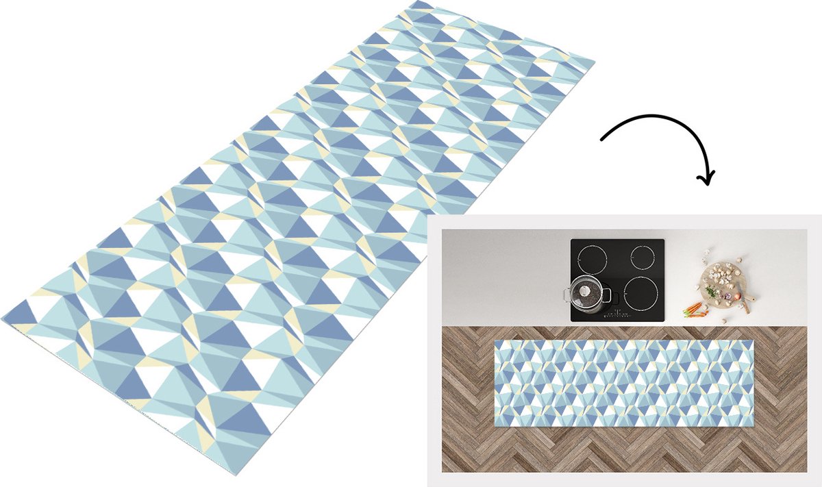 KitchenYeah Keukenloper - Loper keuken - Patronen - Blauw - Grijs - Ruiten - 150x50 cm - Keukenloper vinyl Multicolor