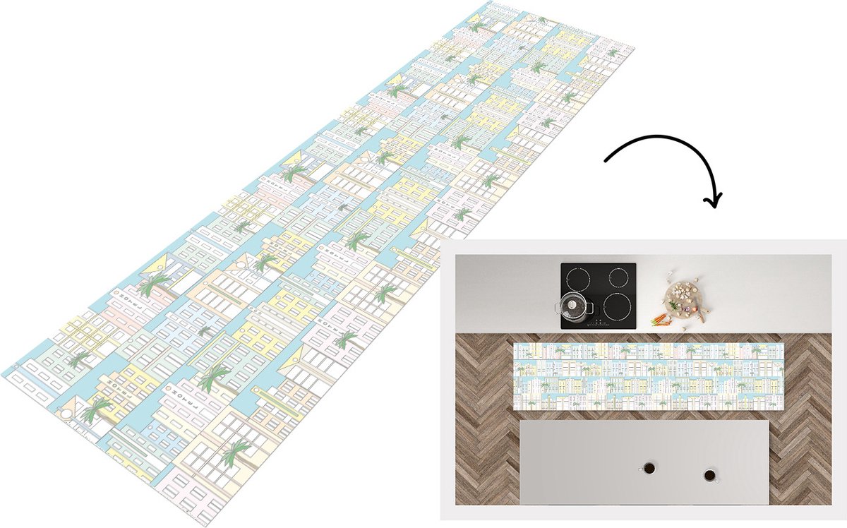 KitchenYeah Keukenloper - Loper keuken - Miami - Skyline - Patroon - USA - 200x50 cm - Keukenloper vinyl Multicolor