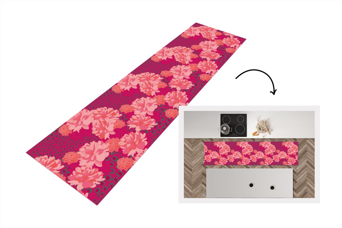 KitchenYeah Keukenloper - Loper keuken - Luipaard - Dierenprint - Pioenroos - Patroon - 200x50 cm - Keukenloper vinyl Multicolor