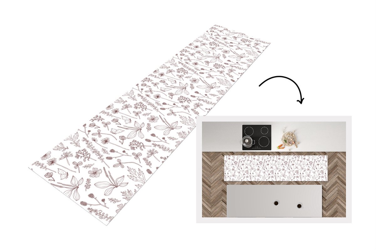 KitchenYeah Keukenloper - Loper keuken - Planten - Patroon - Bloemen - 200x50 cm - Keukenloper vinyl Multicolor