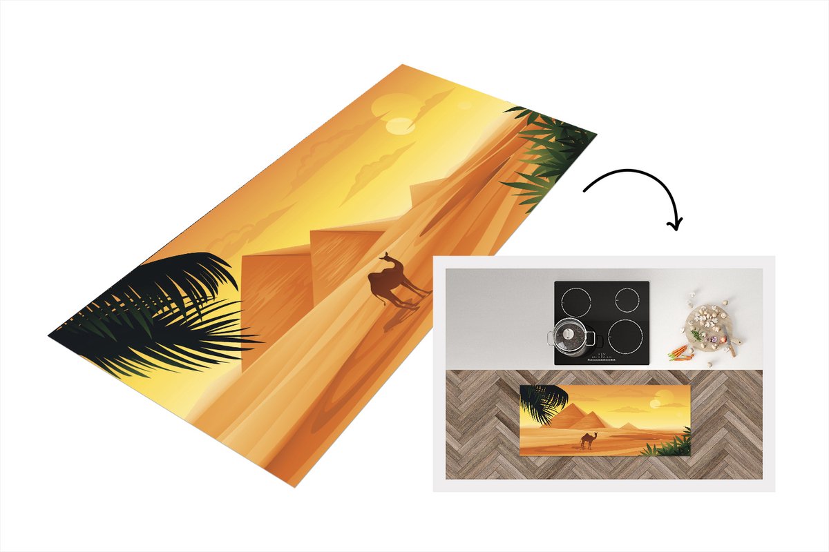 KitchenYeah Keukenloper - Loper keuken - Illustratie van een dromedaris voor piramides in Egypte - 120x50 cm - Keukenloper vinyl Multicolor
