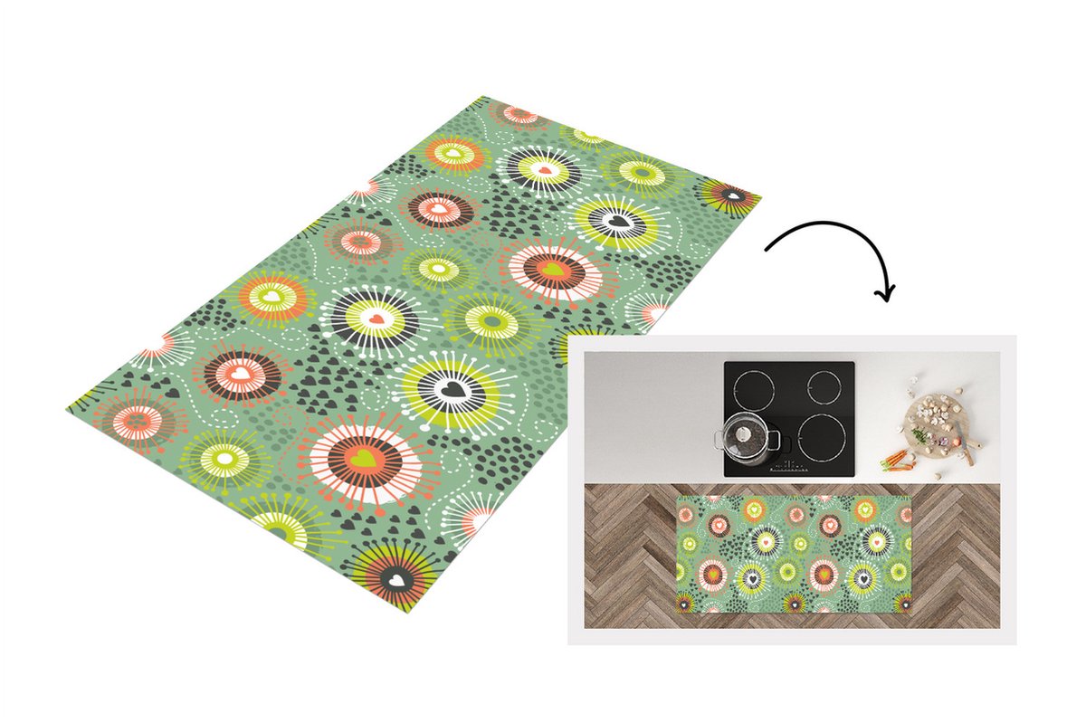 KitchenYeah Keukenloper - Loper keuken - Bloem - Design - Hartjes - 120x60 cm - Keukenloper vinyl Multicolor