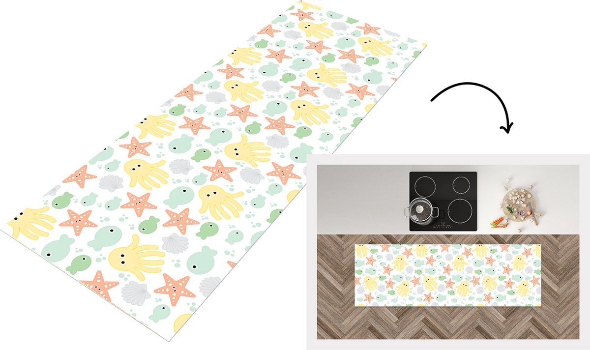 KitchenYeah Keukenloper - Loper keuken - Zeedieren - Baby - Schelpen - 150x50 cm - Keukenloper vinyl Multicolor