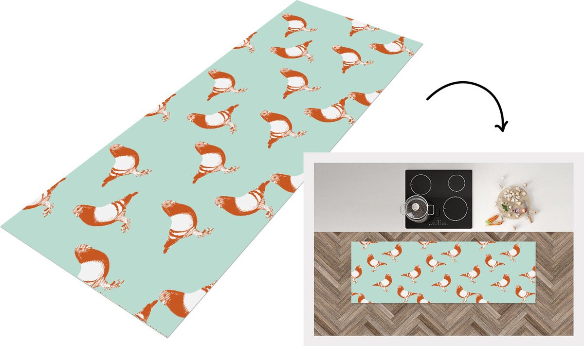 KitchenYeah Keukenloper - Loper keuken - Duif - Vogel - Patroon - 180x60 cm - Keukenloper vinyl Multicolor