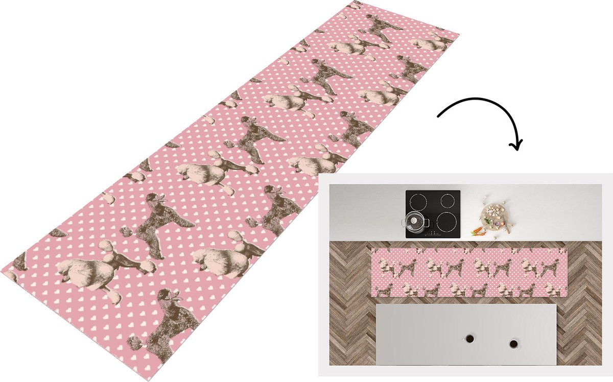 KitchenYeah Keukenloper - Loper keuken - Hart - Poedel - Patroon - 240x60 cm - Keukenloper vinyl Multicolor