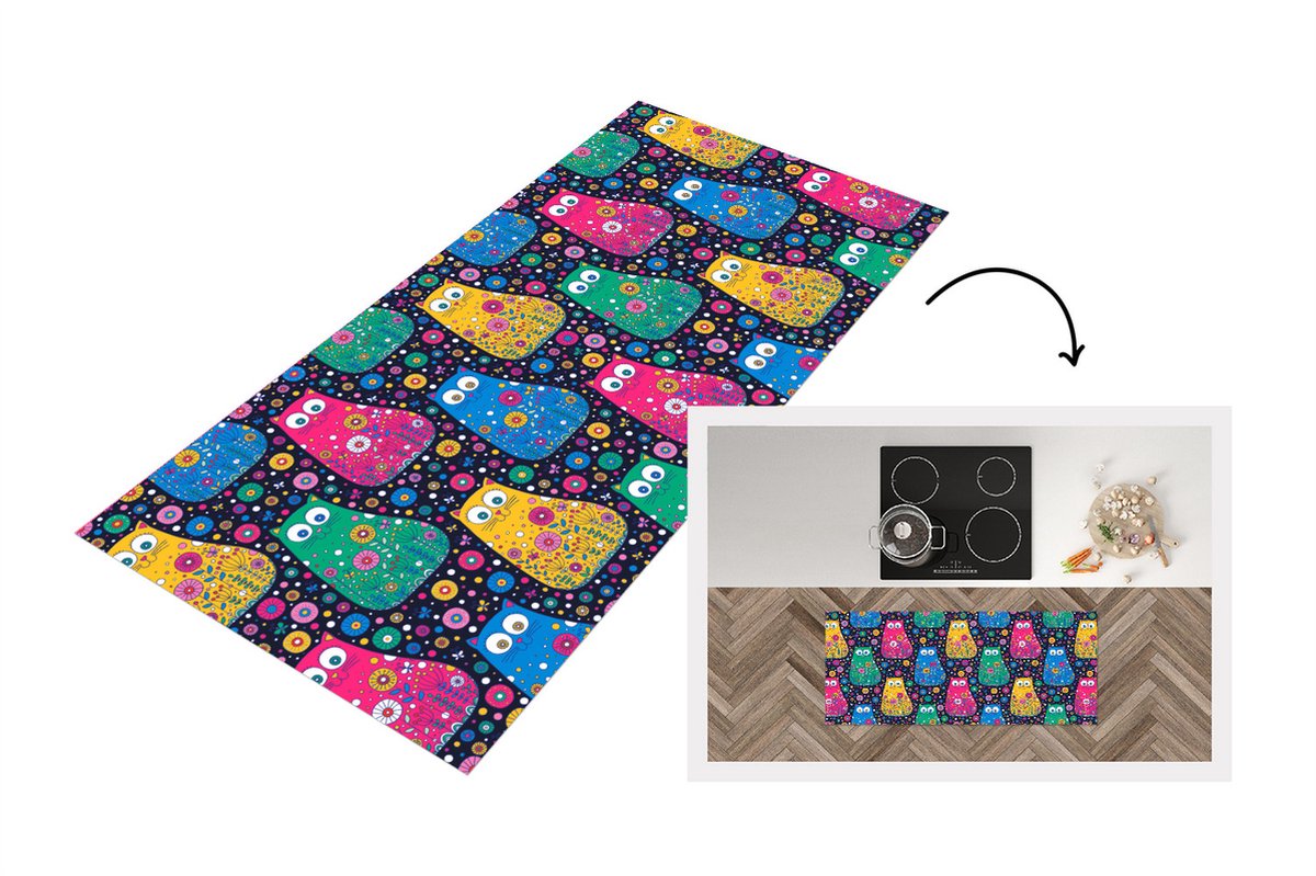 KitchenYeah Keukenloper - Loper keuken - Kat - Regenboog - Bloemen - 120x50 cm - Keukenloper vinyl Multicolor