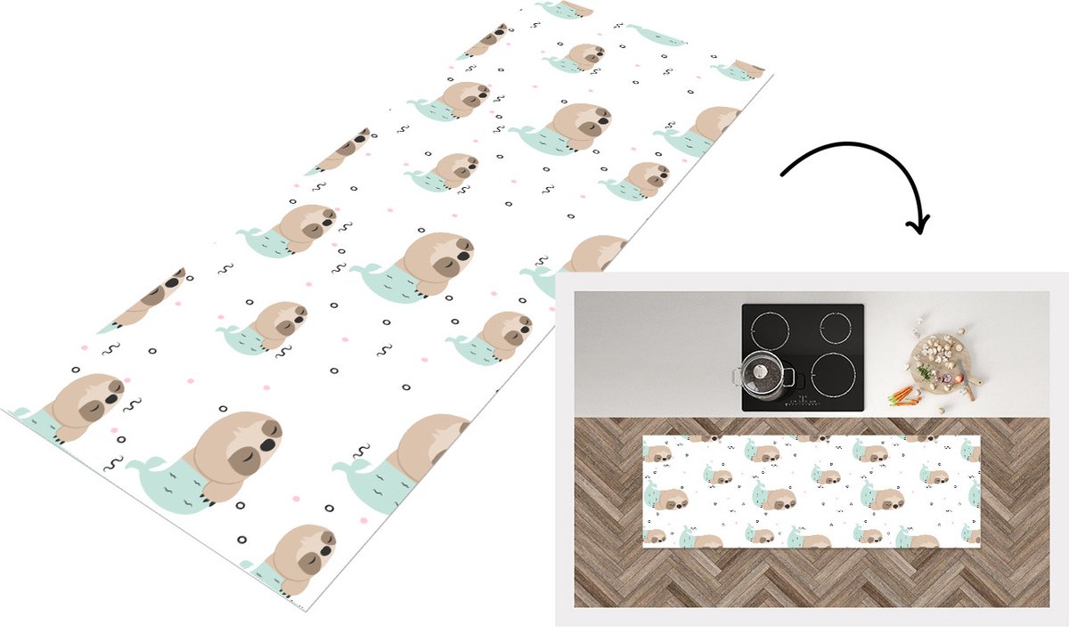 KitchenYeah Keukenloper - Loper keuken - Zeemeermin - Luiaard -Patroon - Slapen - 150x50 cm - Keukenloper vinyl Multicolor