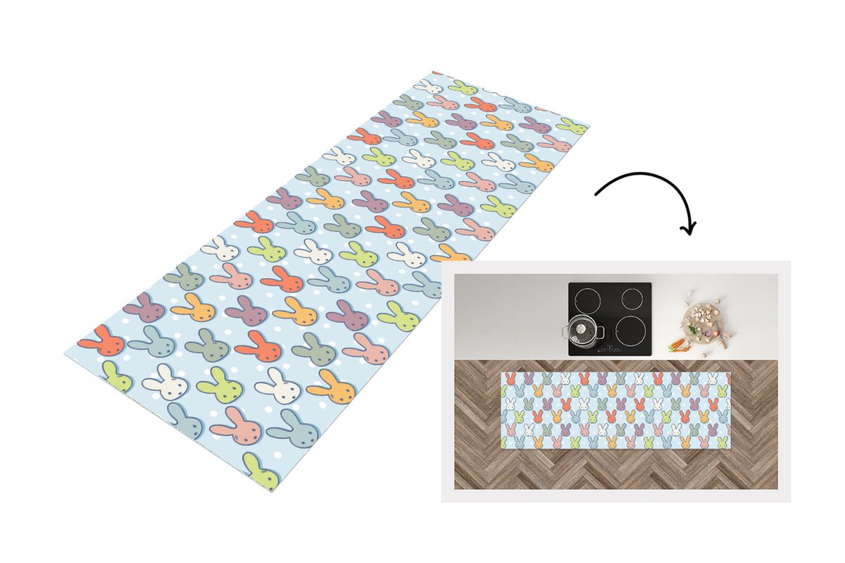 KitchenYeah Keukenloper - Loper keuken - Konijnen - Stippen - Pastel - Blauw - Patronen - 150x50 cm - Keukenloper vinyl Multicolor
