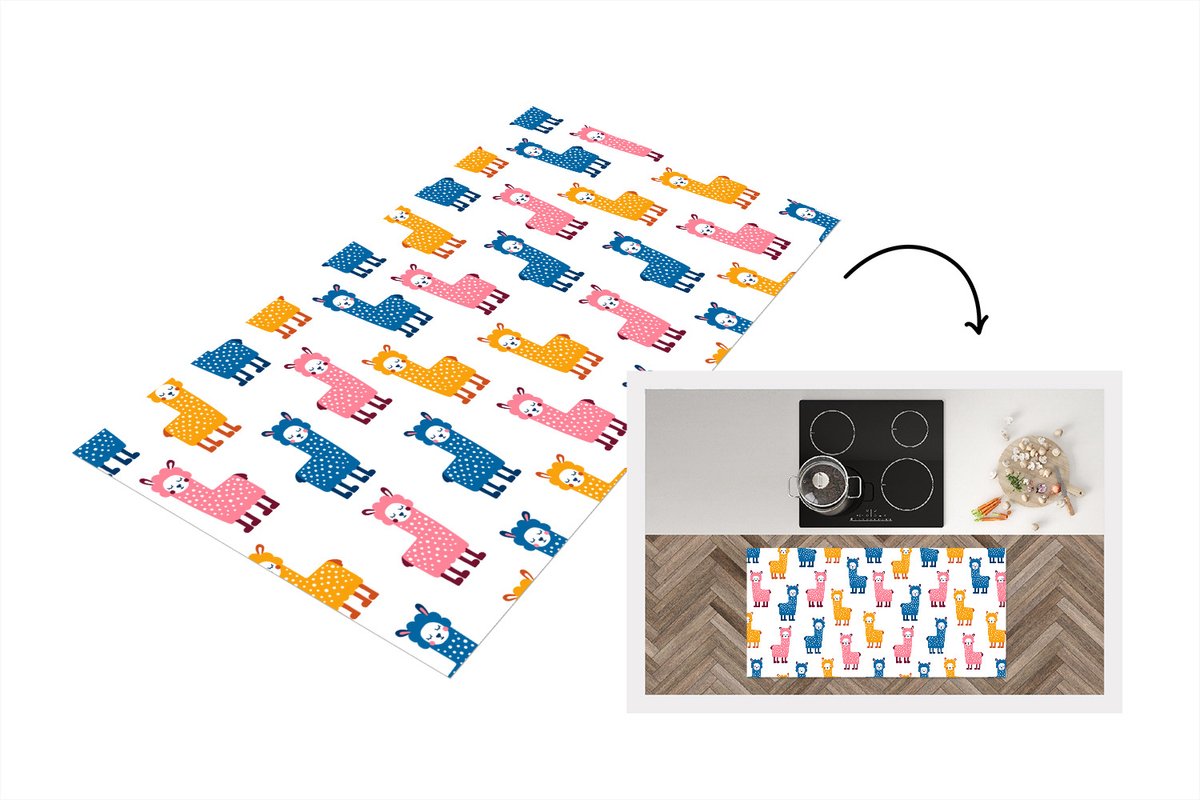 KitchenYeah Keukenloper - Loper keuken - Lama - Dieren - Patronen - Roze - Blauw - 120x60 cm - Keukenloper vinyl Multicolor