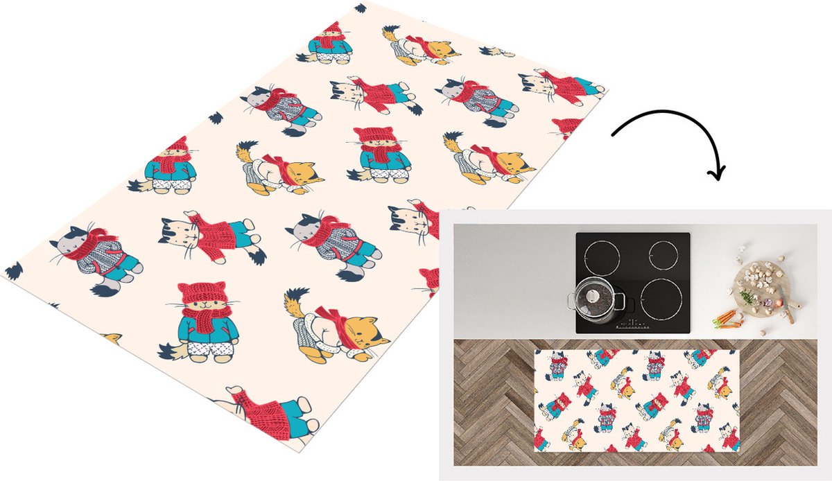 KitchenYeah Keukenloper - Loper keuken - Winter - Kat - Dieren - Patroon - 120x60 cm - Keukenloper vinyl Multicolor