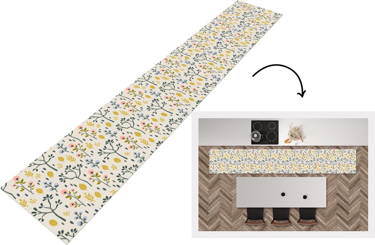 KitchenYeah Keukenloper - Loper keuken - Flora - Patroon - Geel - Roze - 300x50 cm - Keukenloper vinyl Multicolor