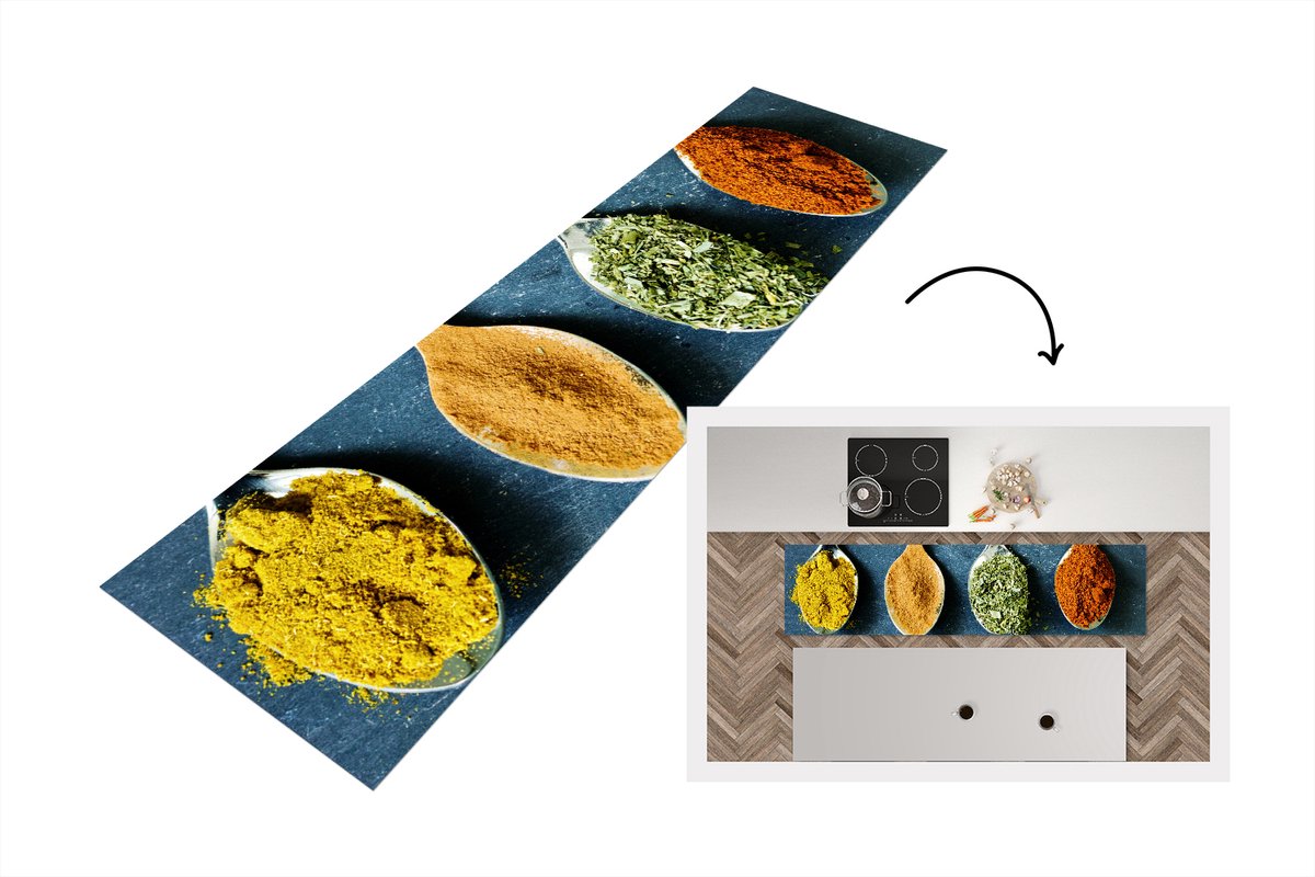 KitchenYeah Keukenloper - Loper keuken - Kruiden - Lepel - Eten - 200x50 cm - Keukenloper vinyl Multicolor