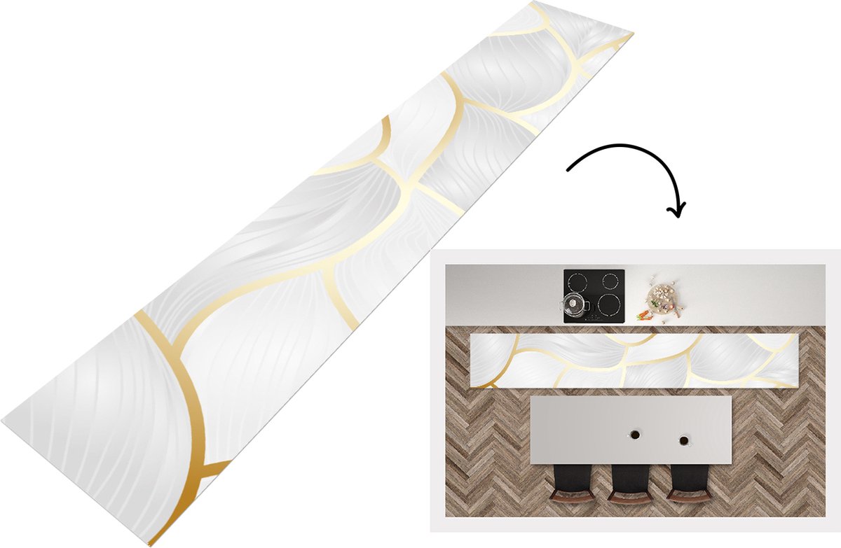 KitchenYeah Keukenloper - Loper keuken - Abstract patroon met gouden lijnen - 300x50 cm - Keukenloper vinyl Multicolor