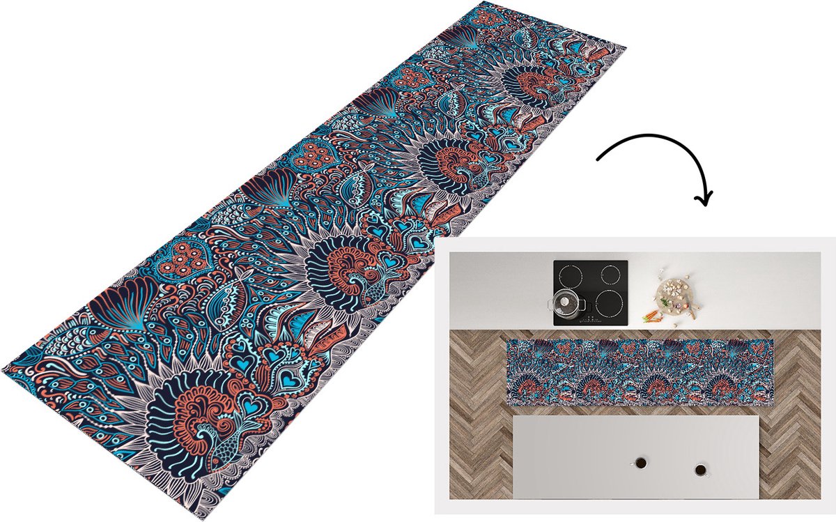 KitchenYeah Keukenloper - Loper keuken - Vis - Koraal - Onderwater - Abstract - Patroon - 200x50 cm - Keukenloper vinyl Multicolor