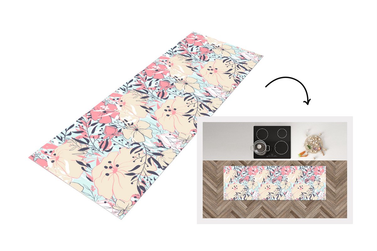KitchenYeah Keukenloper - Loper keuken - Vintage - Bloem - Roze - Patronen - 150x50 cm - Keukenloper vinyl Multicolor