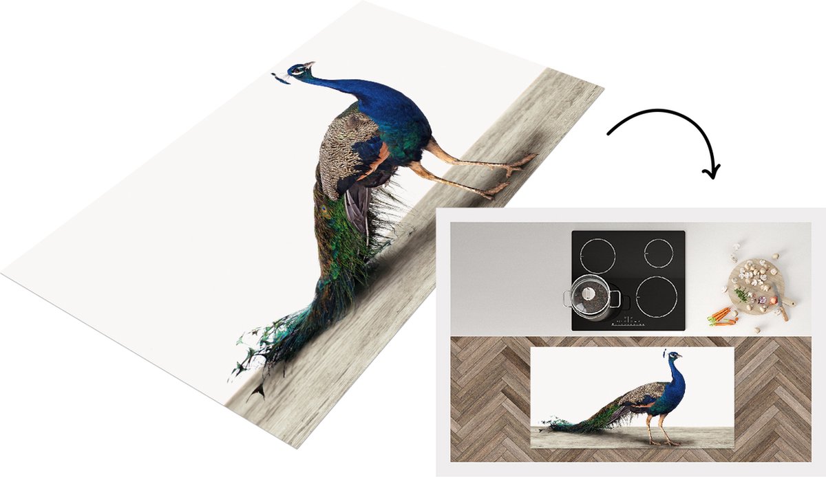 KitchenYeah Keukenloper - Loper keuken - Pauw - Veren - Vogel - Woonkamer - Slaapkamer - 120x60 cm - Keukenloper vinyl Multicolor