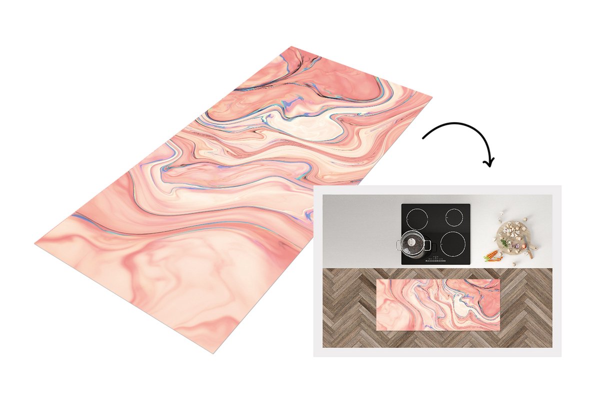KitchenYeah Keukenloper - Loper keuken - Marmer - Pastel - Roze - 120x50 cm - Keukenloper vinyl Multicolor