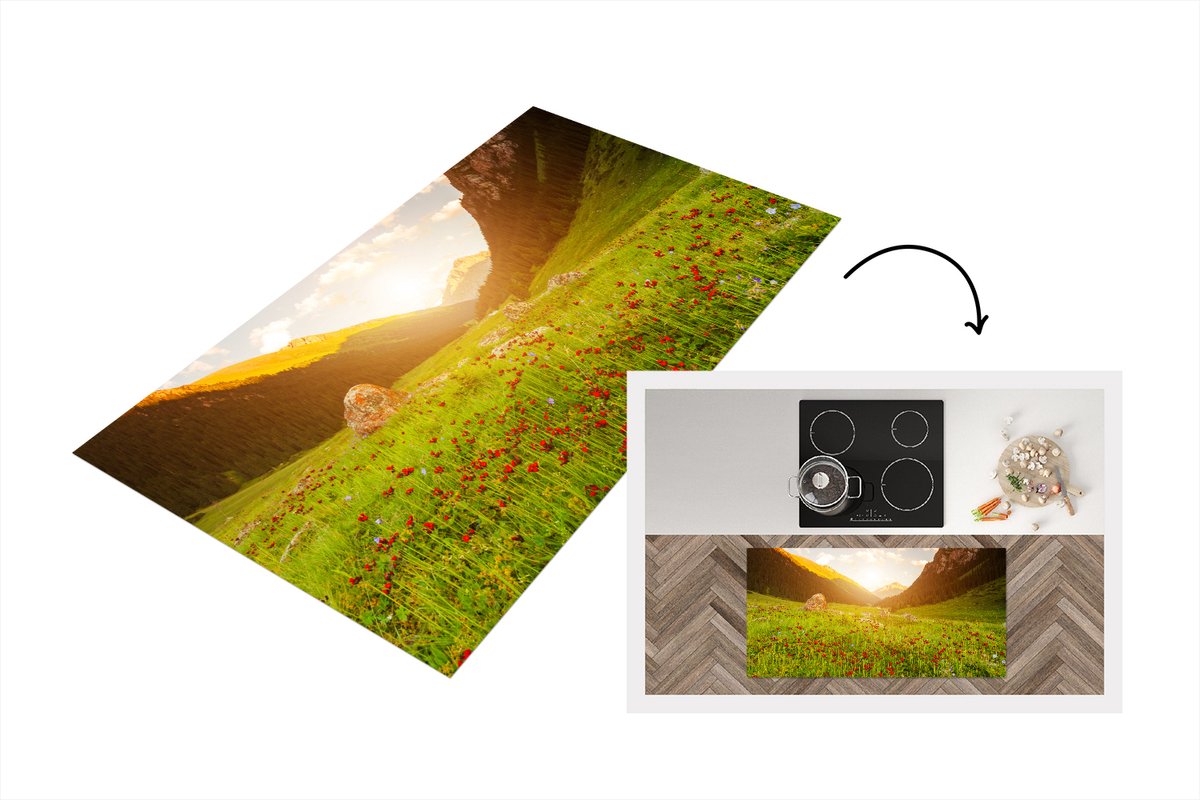KitchenYeah Keukenloper - Loper keuken - Bloemen - Berg - Zon - Keukenloper vinyl multicolor, foto 7