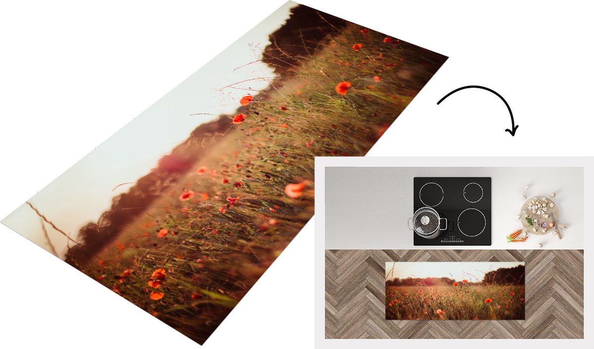KitchenYeah Keukenloper - Loper keuken - Zonsondergang - Bloemen - Rood - 120x50 cm - Keukenloper vinyl Multicolor
