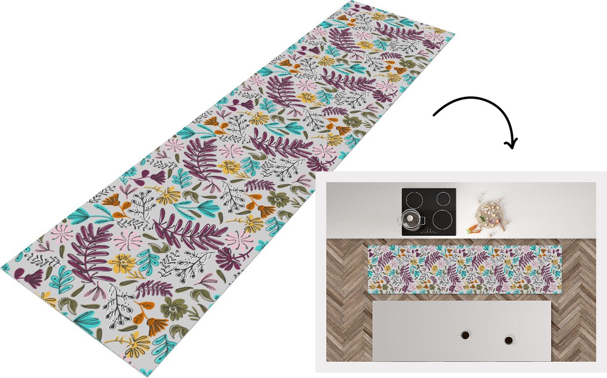 KitchenYeah Keukenloper - Loper keuken - Bloemen - Bladeren - Patroon - 240x60 cm - Keukenloper vinyl Multicolor