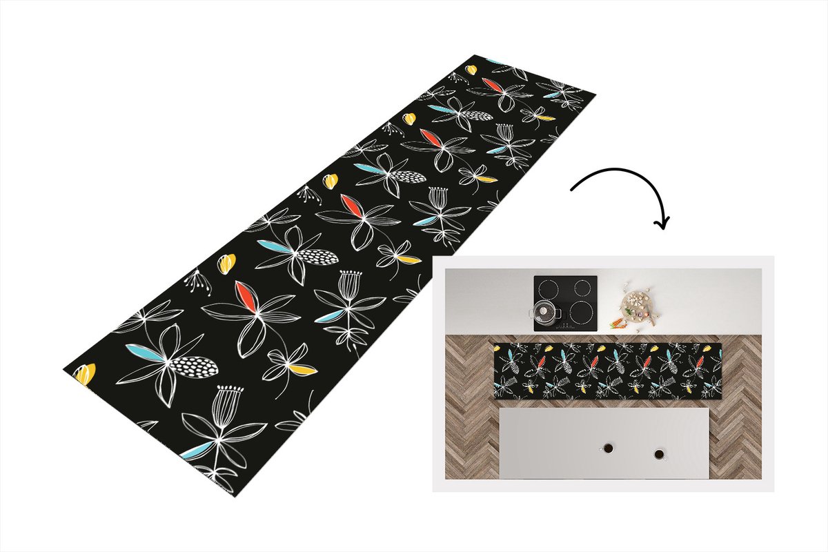 KitchenYeah Keukenloper - Loper keuken - Bloemen - Line Art - Patronen - 200x50 cm - Keukenloper vinyl Multicolor