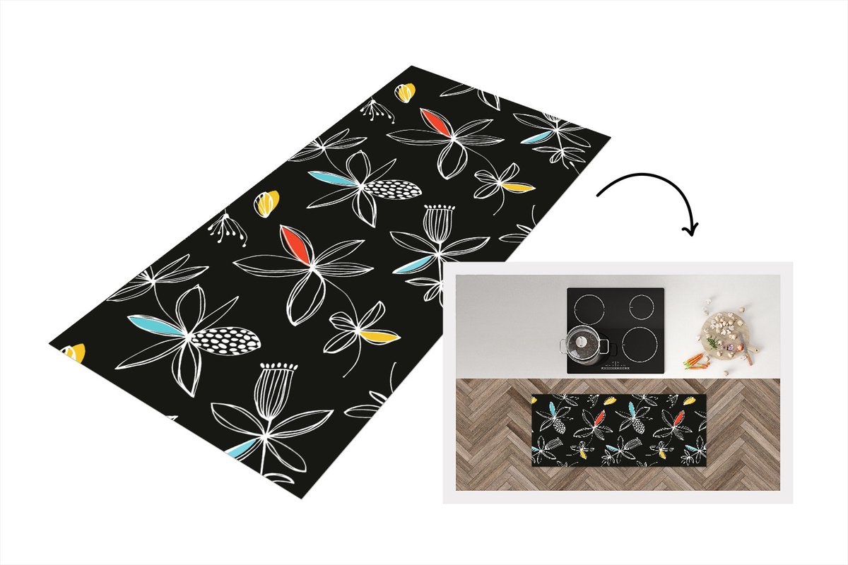 KitchenYeah Keukenloper - Loper keuken - Bloemen - Line Art - Patronen - 120x50 cm - Keukenloper vinyl Multicolor