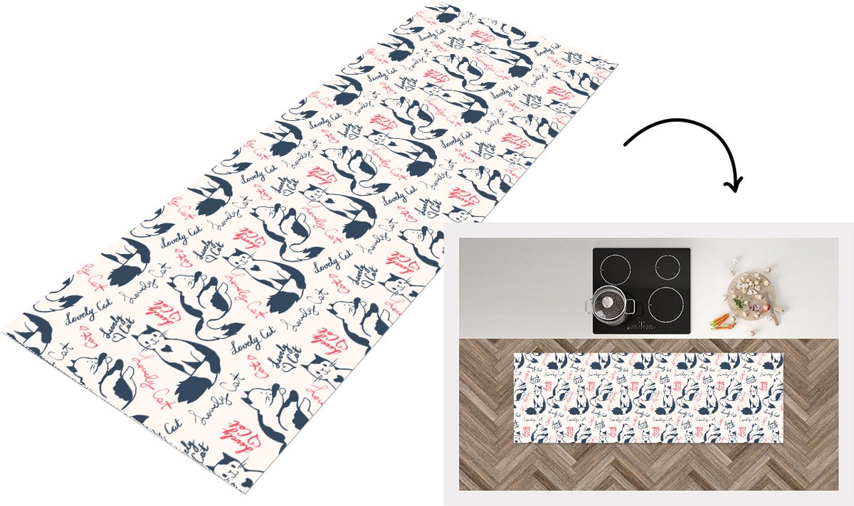 KitchenYeah Keukenloper - Loper keuken - Patronen - Kat - Quote - 150x50 cm - Keukenloper vinyl Multicolor
