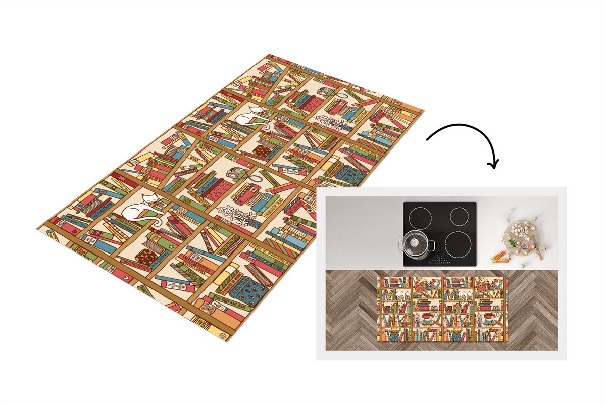 KitchenYeah Keukenloper - Loper keuken - Patronen - Kat - Boek - 120x60 cm - Keukenloper vinyl Multicolor