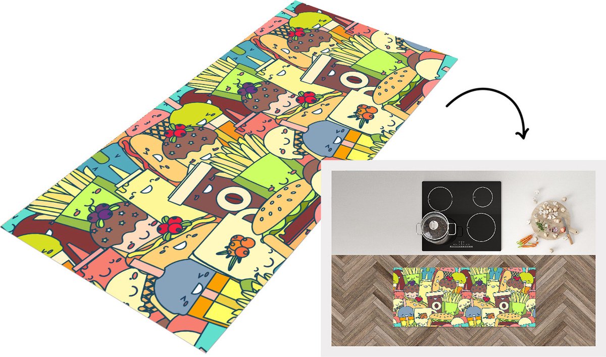 KitchenYeah Keukenloper - Loper keuken - Kawaii - Patronen - Fast Food - 120x50 cm - Keukenloper vinyl Multicolor