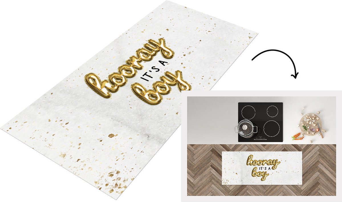 KitchenYeah Keukenloper - Loper keuken - Jongen - Quotes - Hooray it's a boy - Spreuken - 120x50 cm - Keukenloper vinyl Multicolor