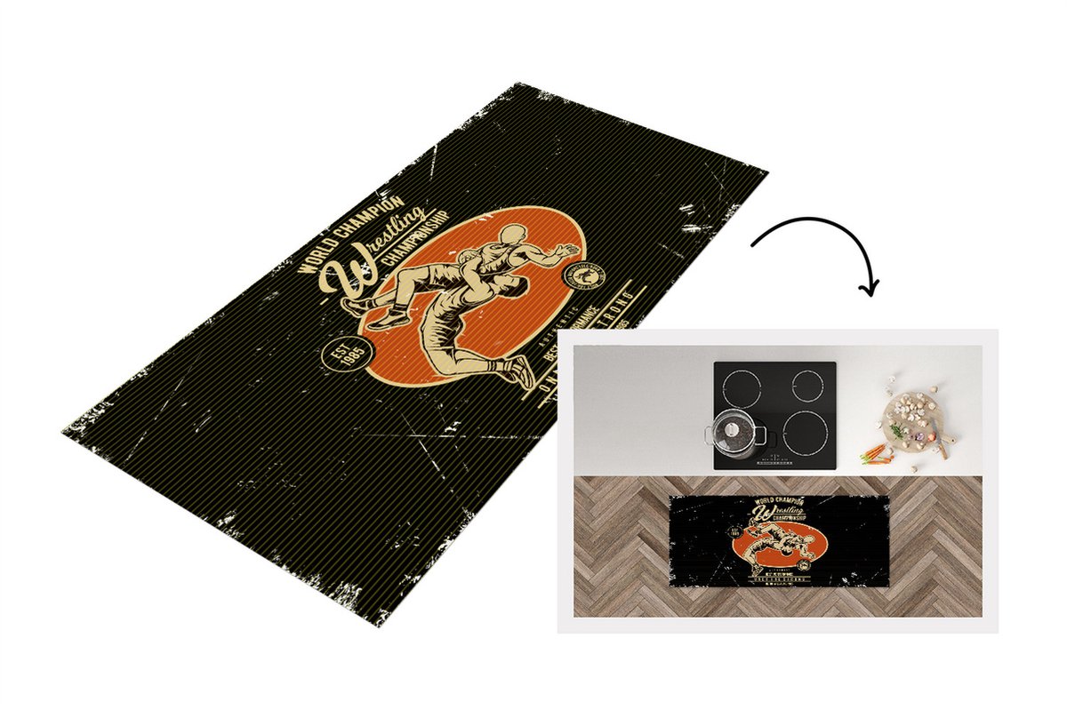 KitchenYeah Keukenloper - Loper keuken - Vintage - Worstelen - Sport - 120x50 cm - Keukenloper vinyl Multicolor