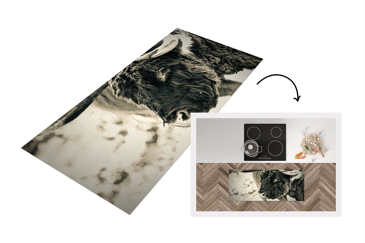 KitchenYeah Keukenloper - Loper keuken - Schotse Hooglander - Sneeuw - Horens - 120x50 cm - Keukenloper vinyl Multicolor