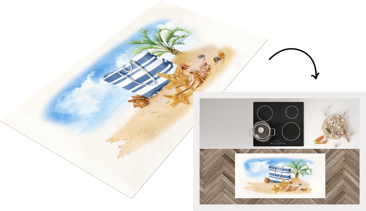 KitchenYeah Keukenloper - Loper keuken - Tas - Schelpen - Palmboom - Keukenloper vinyl multicolor, foto 2