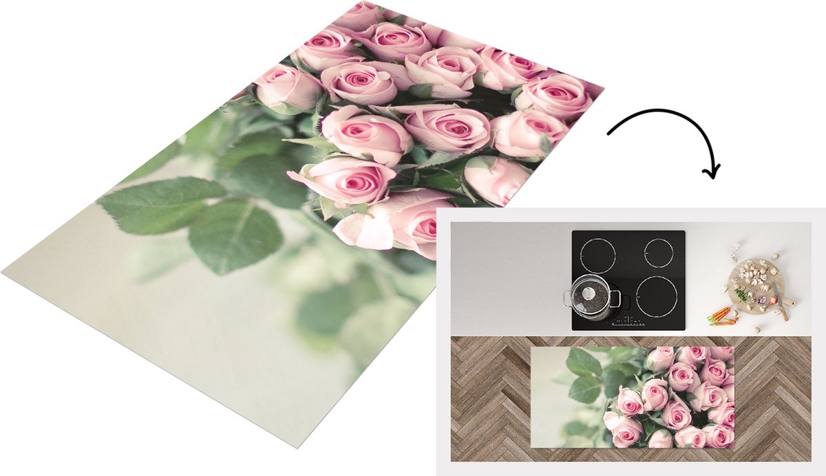 KitchenYeah Keukenloper - Loper keuken - Een grote boek van roze rozen ligt op een tafel. - 120x60 cm - Keukenloper vinyl Multicolor