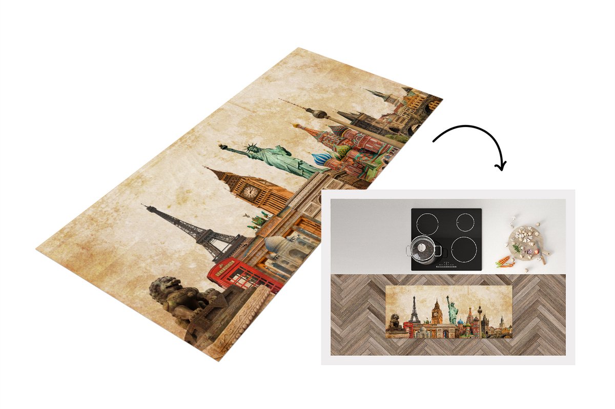 KitchenYeah Keukenloper - Loper keuken - Amerika - Vintage - Gebouwen - Collage - 120x50 cm - Keukenloper vinyl Multicolor