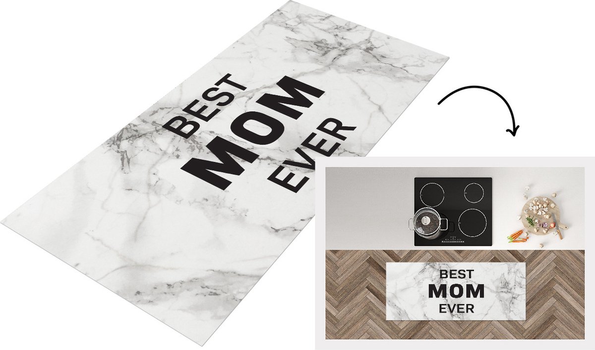 KitchenYeah Keukenloper - Loper keuken - Spreuken - Quotes Best Mom Ever - Marmer - Moederdag - Mam - 120x50 cm - Keukenloper vinyl Multicolor