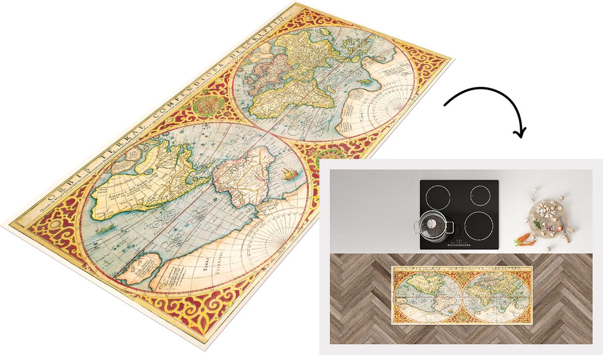 KitchenYeah Keukenloper - Loper keuken - Wereldkaart - Retro - Latijn - 120x50 cm - Keukenloper vinyl Multicolor