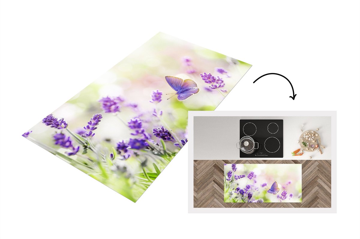 KitchenYeah Keukenloper - Loper keuken - Lavendel - Vlinder - Bloemen - 120x60 cm - Keukenloper vinyl Multicolor
