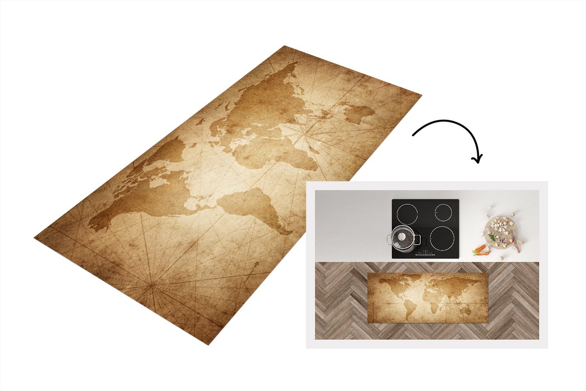KitchenYeah Keukenloper - Loper keuken - Wereldkaart - Vintage - Papyrus - 120x50 cm - Keukenloper vinyl Multicolor