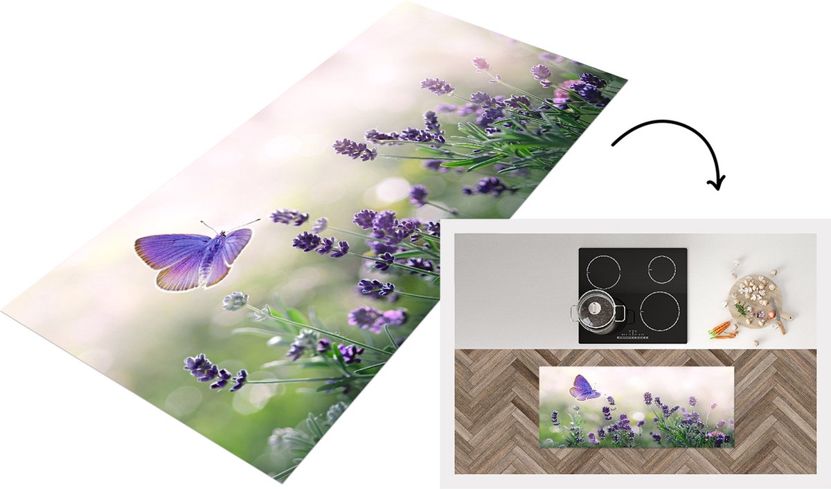 KitchenYeah Keukenloper - Loper keuken - Bloemen - Vlinder - Lavendel - Zomer - 120x50 cm - Keukenloper vinyl Multicolor