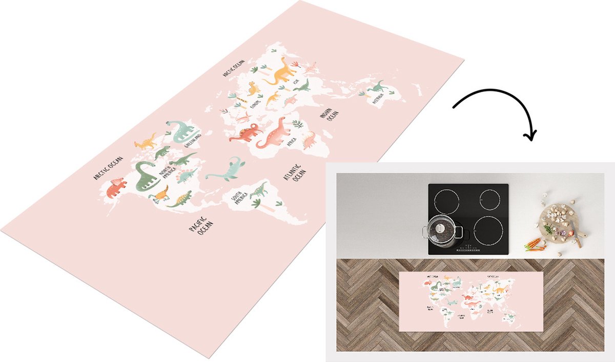KitchenYeah Keukenloper - Loper keuken - Kinderkamer - Wereldkaart - Dino - 120x50 cm - Keukenloper vinyl Multicolor