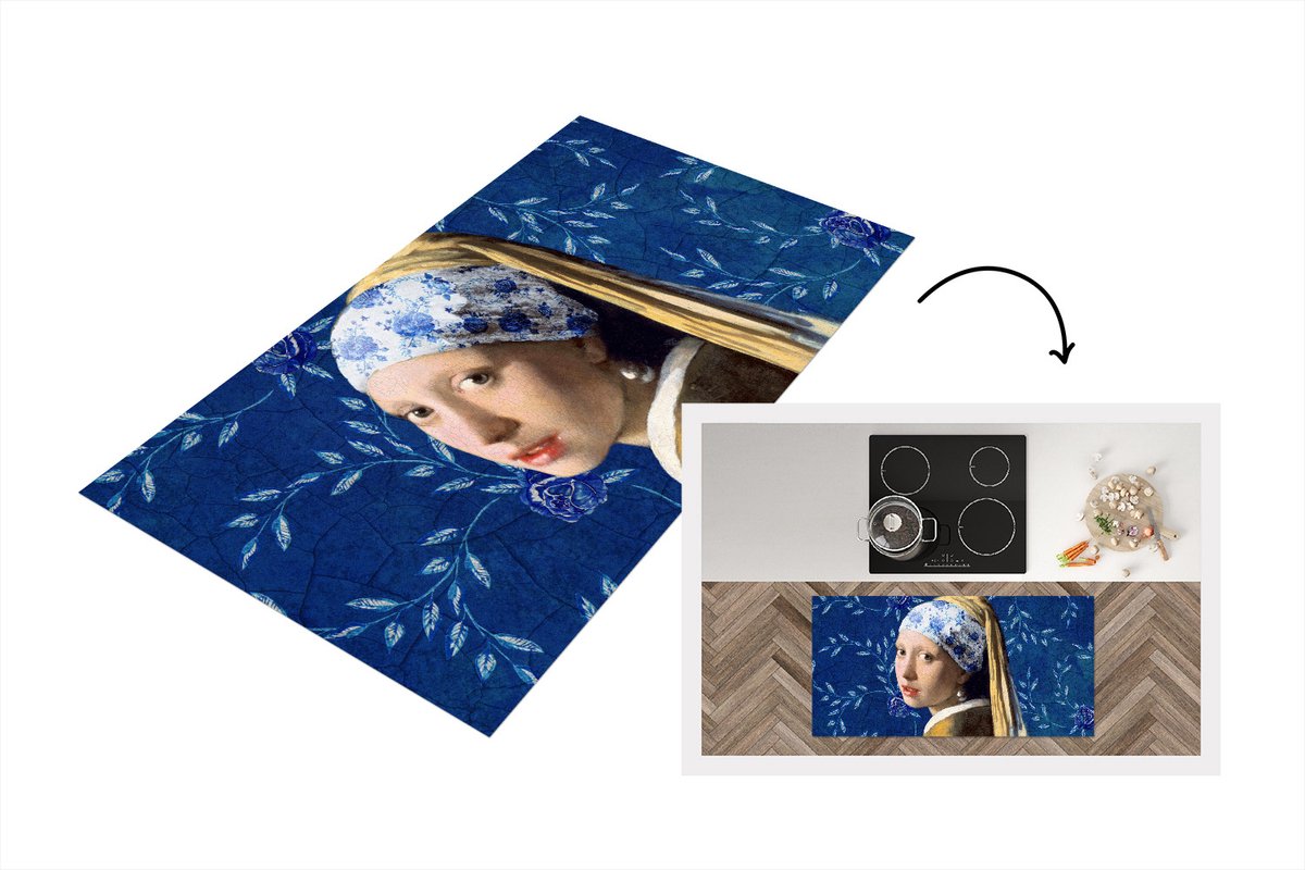 KitchenYeah Keukenloper - Loper keuken - Delfts Blauw - Meisje Met De Parel - Vermeer - 120x60 cm - Keukenloper vinyl Multicolor
