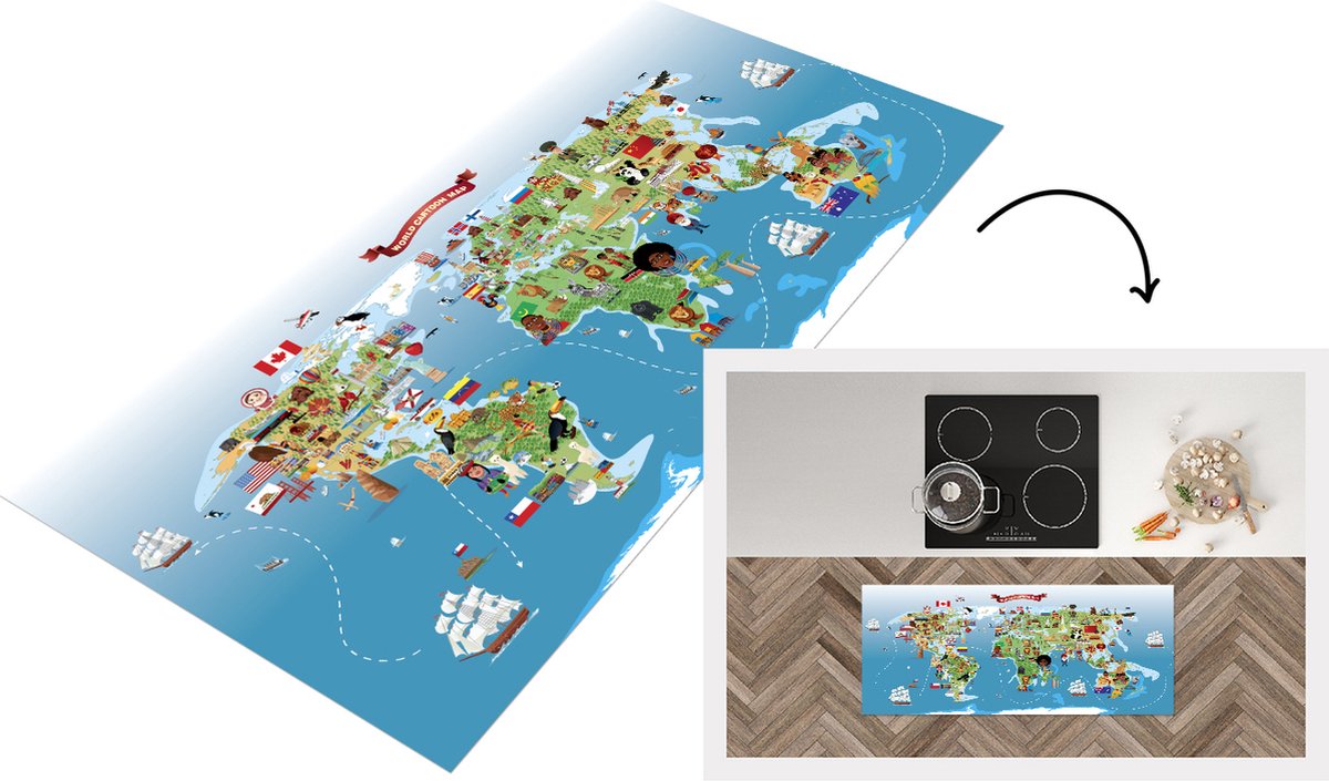 KitchenYeah Keukenloper - Loper keuken - Wereldkaart Kinderen - Dieren - Symbool - 120x50 cm - Keukenloper vinyl Multicolor