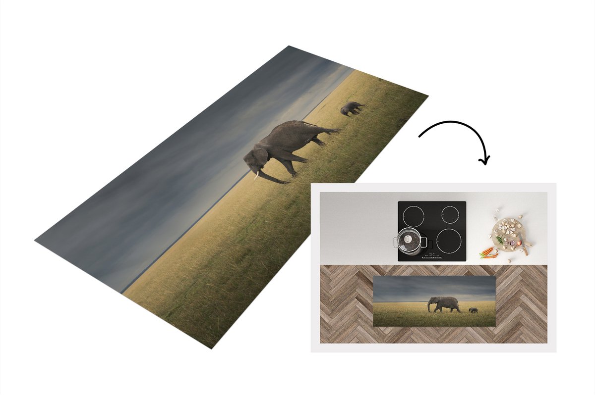 KitchenYeah Keukenloper - Loper keuken - Olifanten vluchten voor het slechte weer - 120x50 cm - Keukenloper vinyl Multicolor