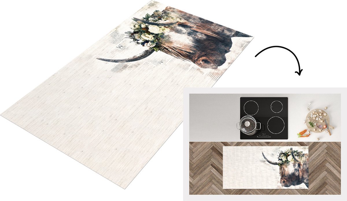KitchenYeah Keukenloper - Loper keuken - Schotse hooglander - Rozen - Krantenpapier - Keukenloper vinyl, foto 2