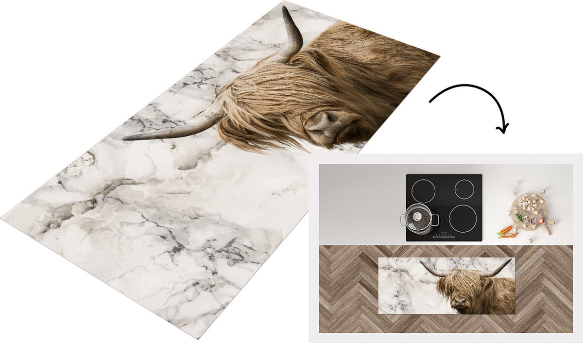KitchenYeah Keukenloper - Loper keuken - Schotse hooglander - Dieren - Marmer - 120x50 cm - Keukenloper vinyl Multicolor