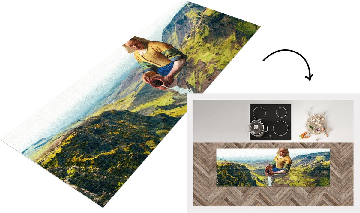 KitchenYeah Keukenloper - Loper keuken - Melkmeisje - Vermeer - Natuur - 180x60 cm - Keukenloper vinyl Multicolor