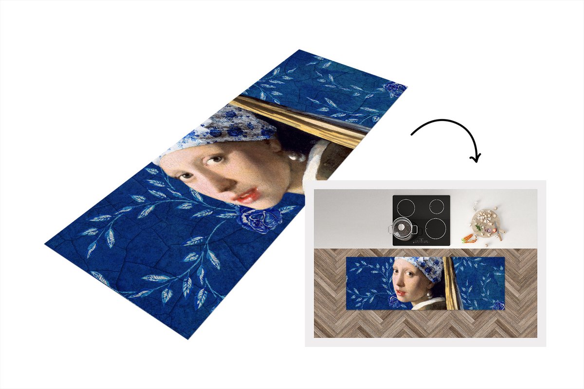 KitchenYeah Keukenloper - Loper keuken - Meisje met de parel - Delfts blauw - Vermeer - 180x60 cm - Keukenloper vinyl Multicolor