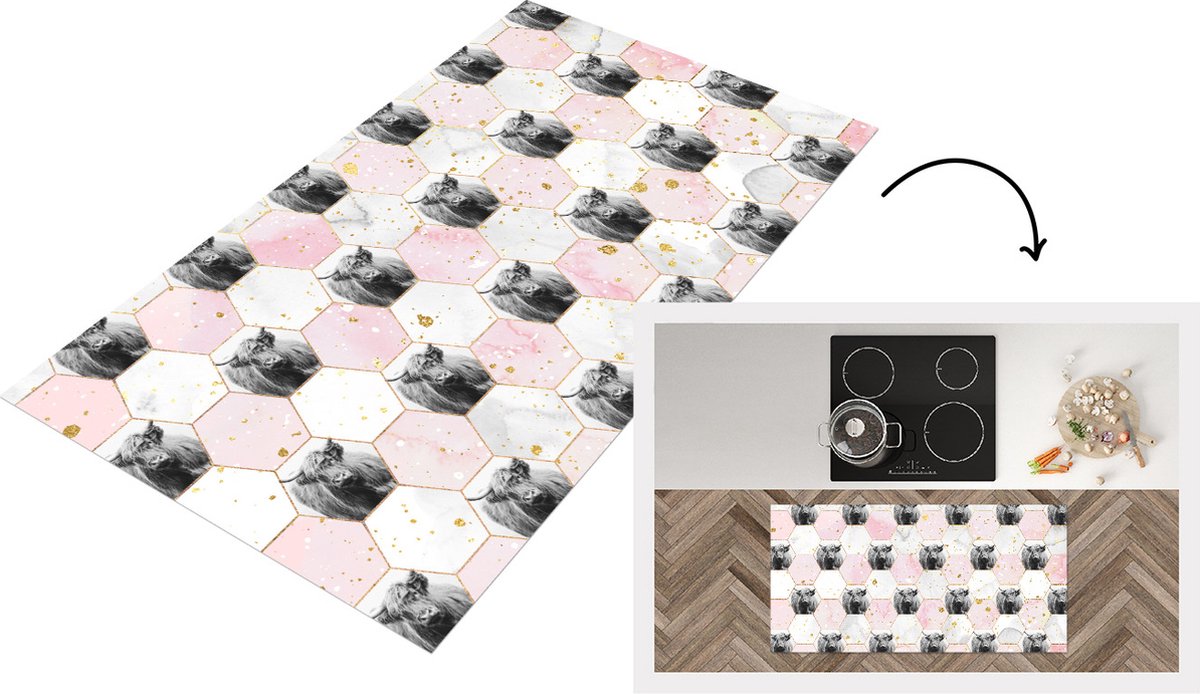 KitchenYeah Keukenloper - Loper keuken - Schotse hooglander - Design - Zeshoek - Marmer - 120x60 cm - Keukenloper vinyl Multicolor
