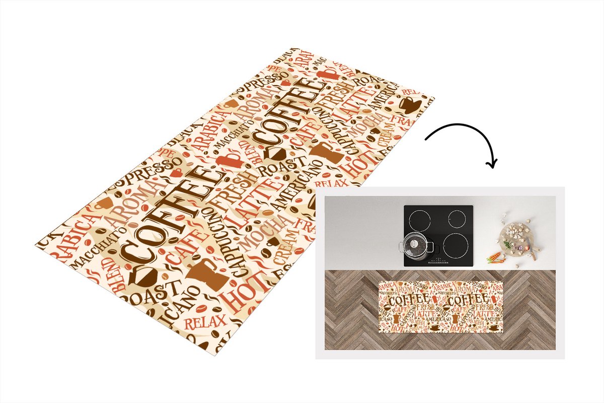 KitchenYeah Keukenloper - Loper keuken - Koffie - Vintage - Patroon - 120x50 cm - Keukenloper vinyl Multicolor
